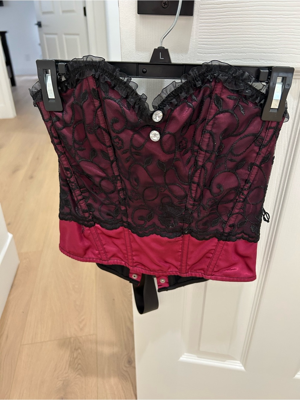 Women's Coquette Burgundy/Black Lace Bustier Corset Top - READ
